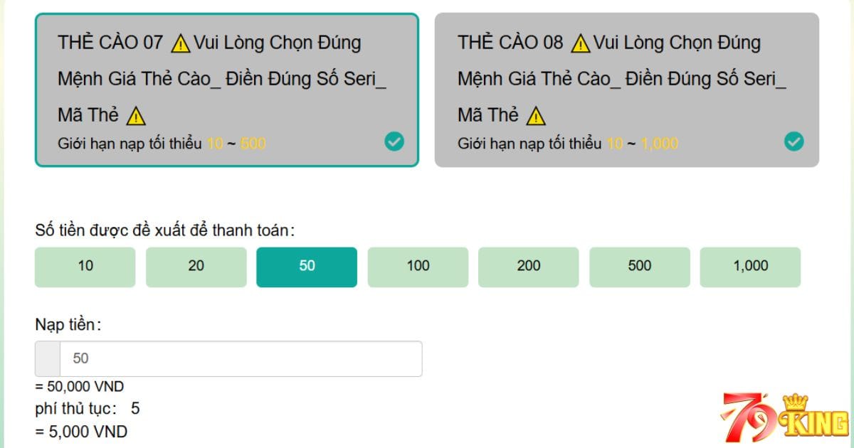 Hình thức nạp tiền 79KING qua thẻ cào điện thoại